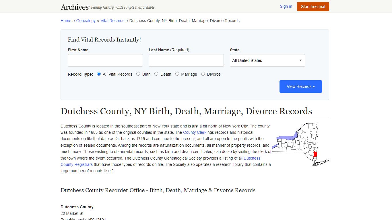 Dutchess County, NY Birth, Death, Marriage, Divorce Records - Archives.com